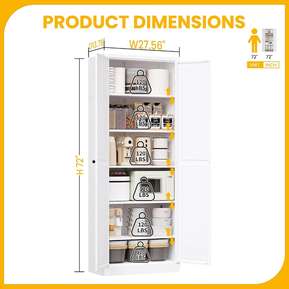 White Kitchen Pantry Cabinet, 72" Tall Metal Storage Cabinet with 2 Door...