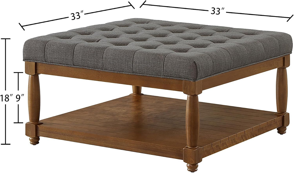 24KF Upholstered Square Coffee Table with Wooden Shelf, Tufted Button Large S...