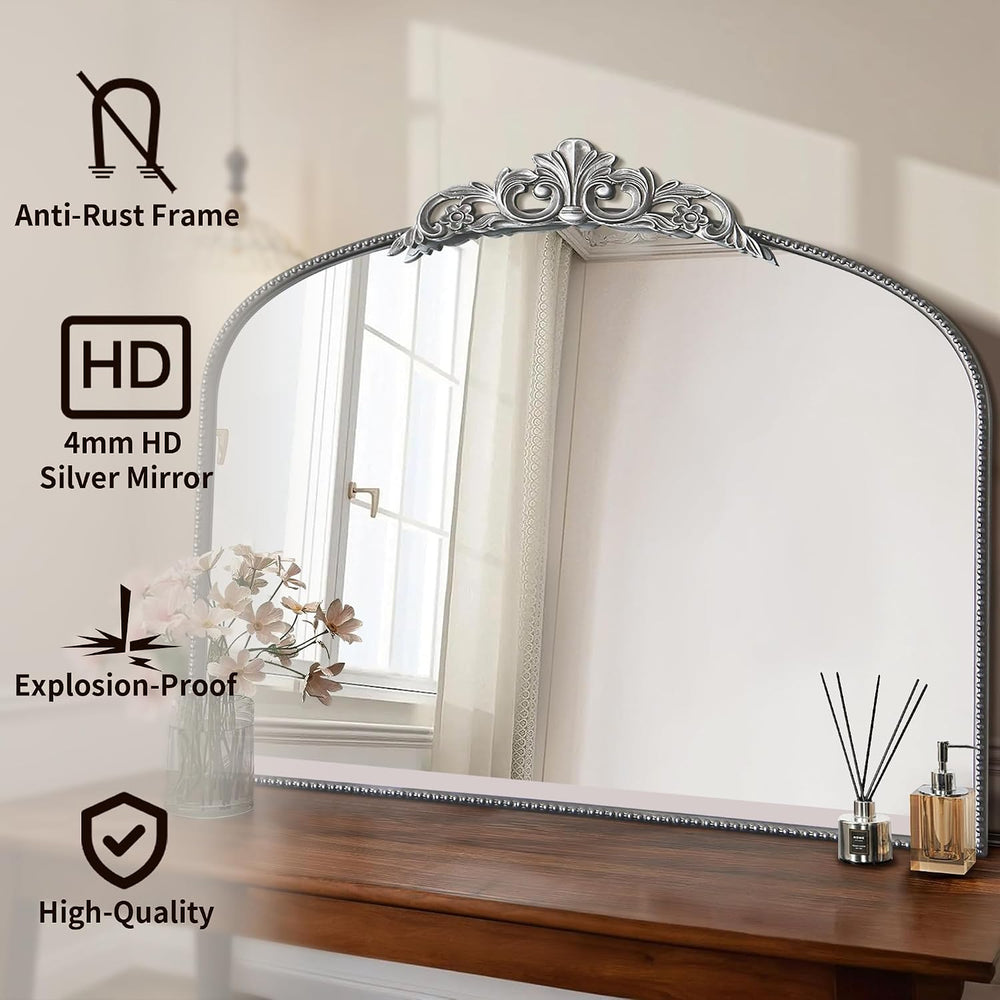 Vintage Silver Wall Mirror: 40"x29" Baroque Antique Arched Mirror