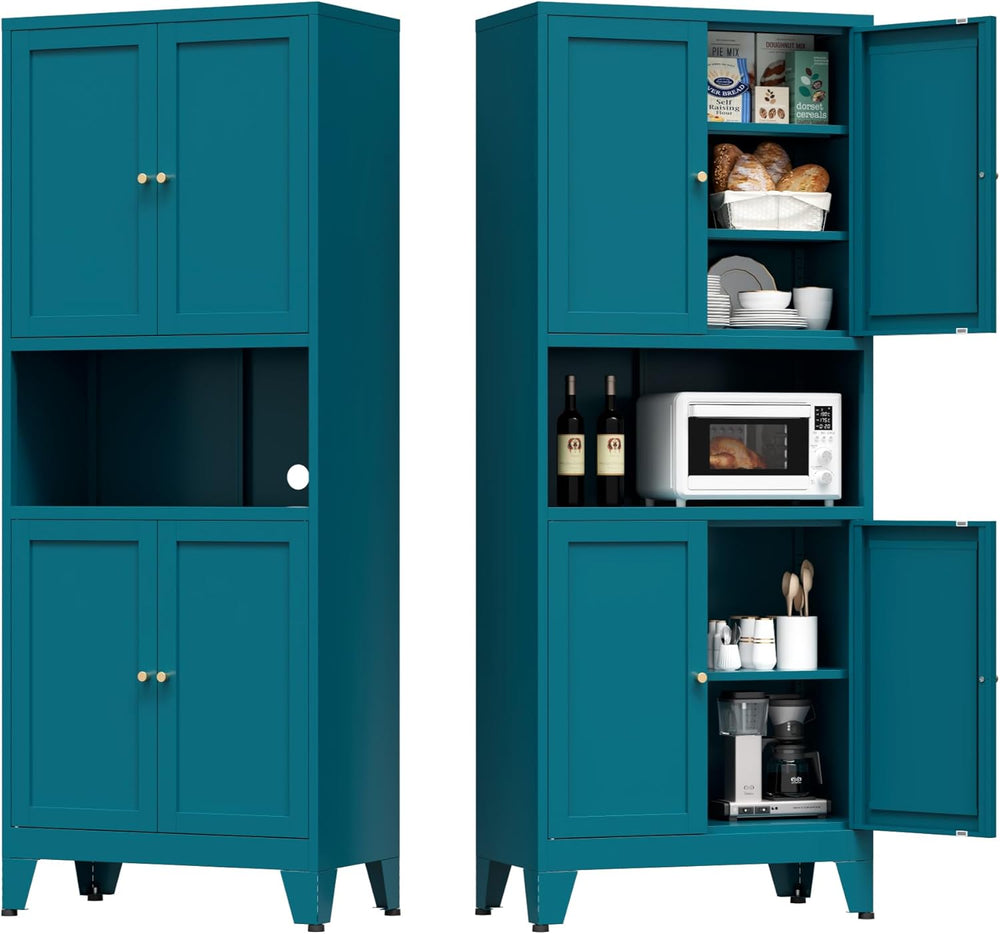 Bevivog Tall Pantry Cabinet with Microwave Shelf, 69" Metal Storage Cabi...