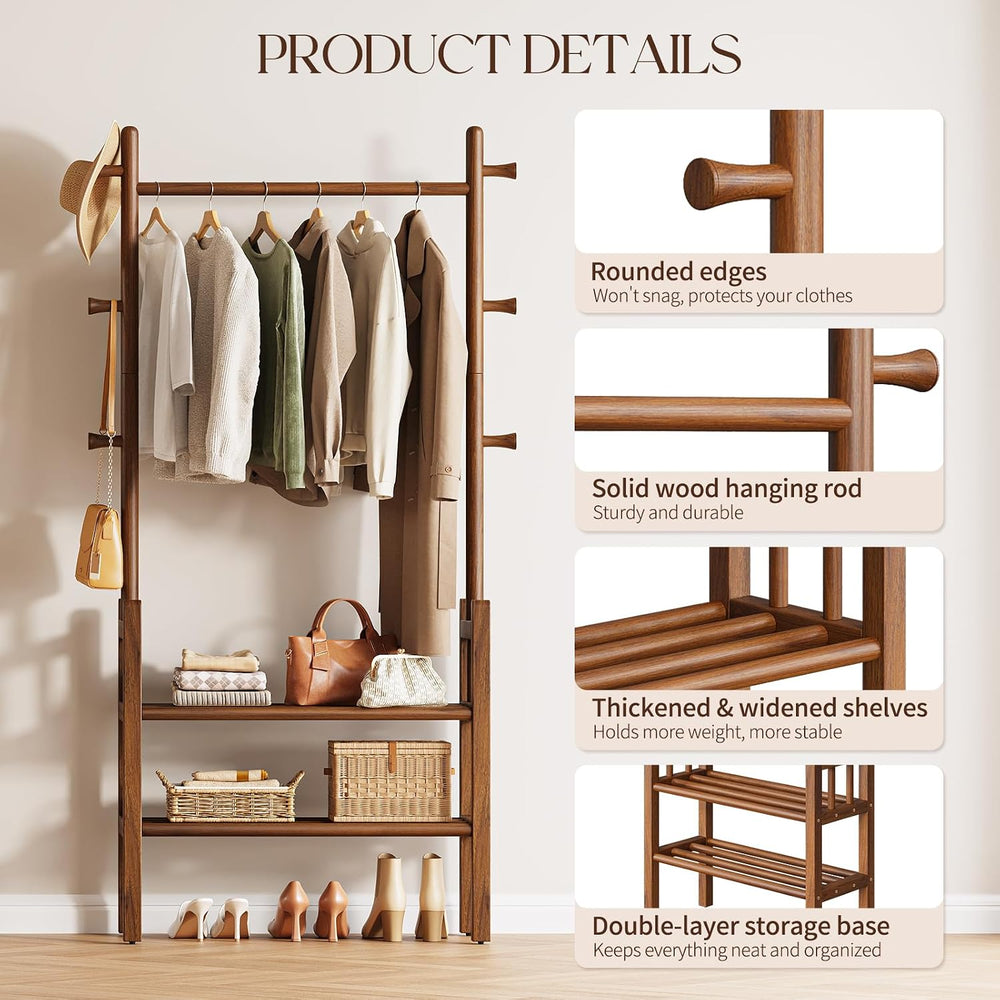 Solid Wood Clothing Rack with Shelves - Coat Rack Freestanding with 6 Hooks L...