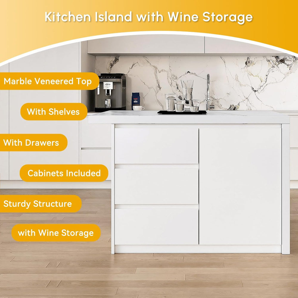 homary Kitchen Island with Storage & Wine Rack, 50" Modern White Kit...