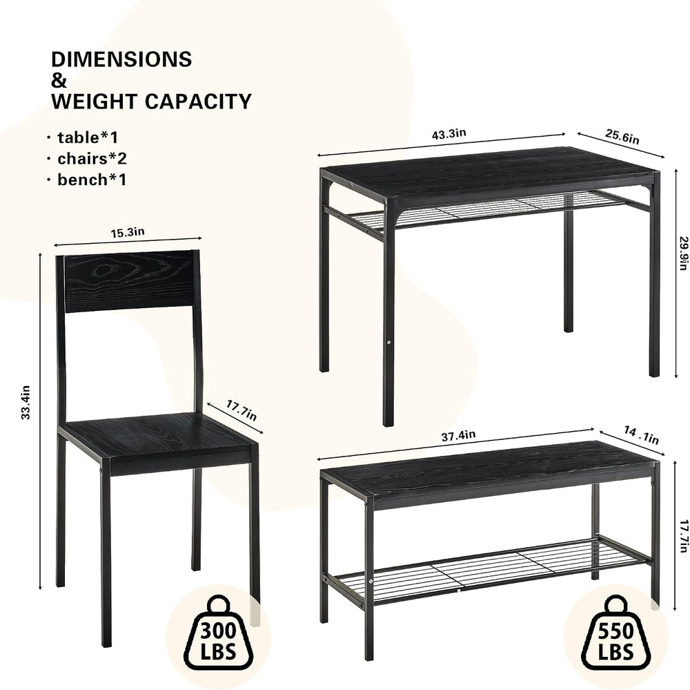 VECELO Kitchen Dining Room Table with 2 Chairs & Bench, Compact Space-Sav...