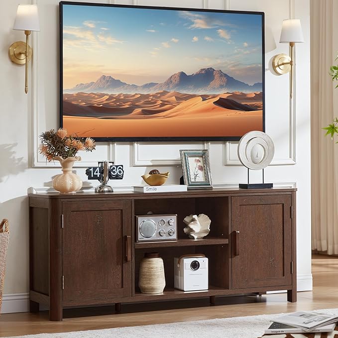 Farmhouse 55" Entertainment Center,Walnut Tv Stand with Adjustable Shelv...