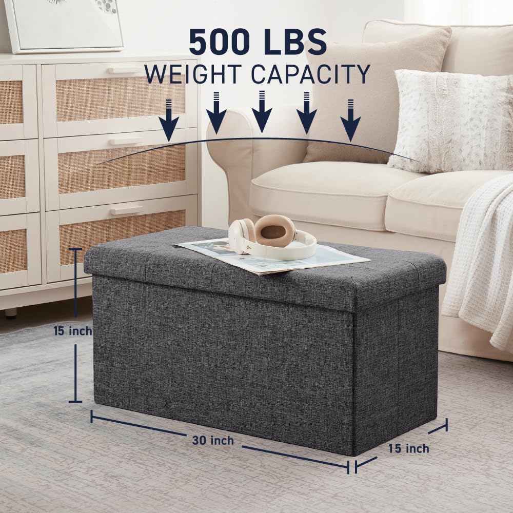 Ornavo Home 30 Inch Folding Storage Ottoman Bench, Tufted Linen, Dark Gray | ...