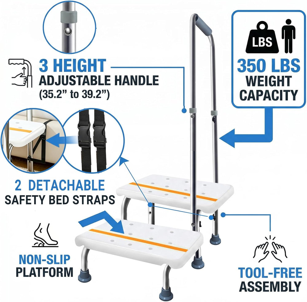 2 Step Stool with Handle for Elderly, Bed Steps for High Beds