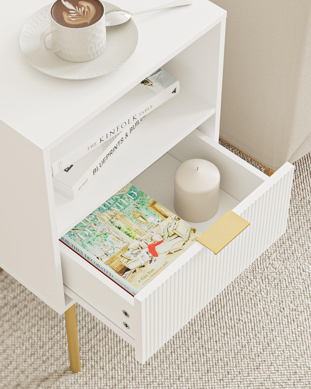 Masupu Night Stand, Mid-Century Bedside Table with Storage Drawer and Open Wo...