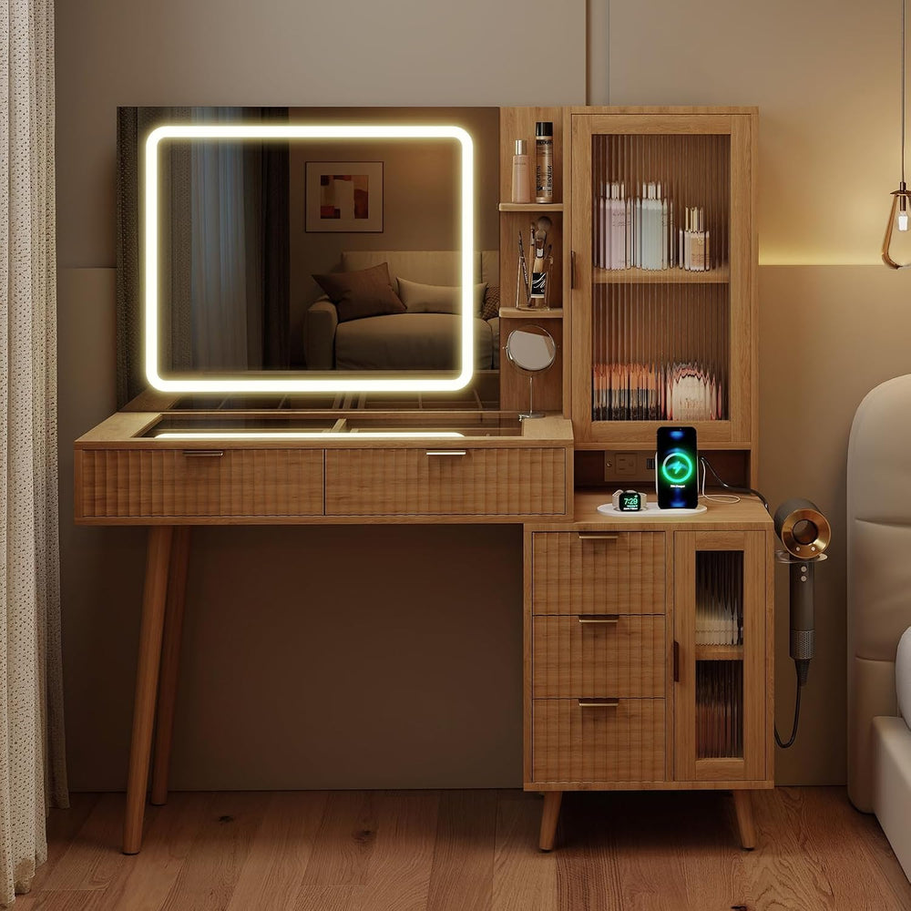 49" Wooden Vanity Desk with Mirror and Lights, Fluted Boho Makeup Vanity...