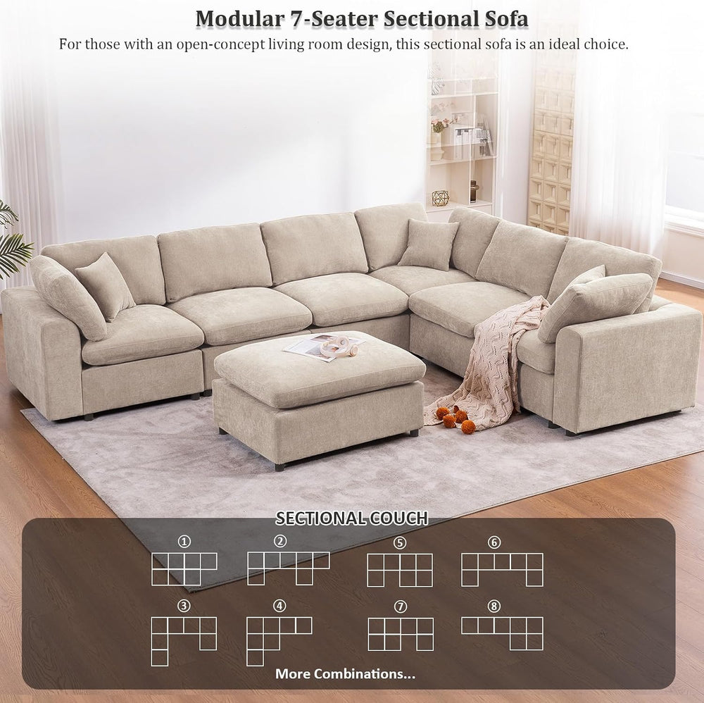 Oversized Modular Sectional Sofa, 7 Seater Cloud Couch with Ottoman | 130&quo...