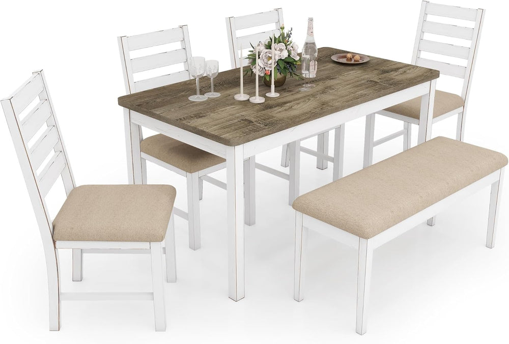 ROCSUMOO Farmhouse Dining Table Set with 4 Chairs and 1 Bench, 59" White...