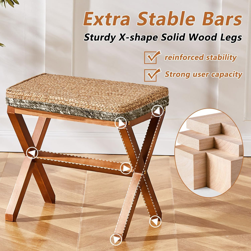 Natural Seagrass Ottoman Footstool with Wooden Legs – Handwoven Rectangular F...