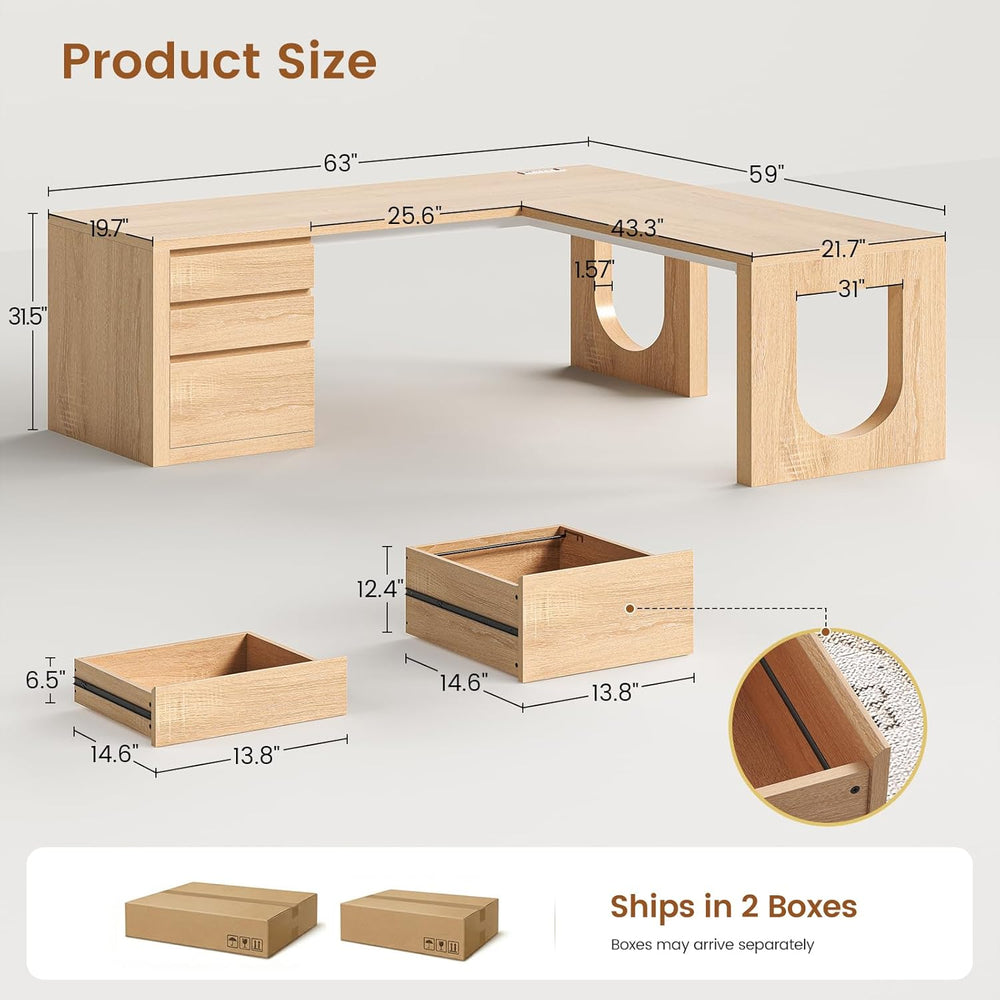 SEDETA 63" L Shaped Desk with 3 Drawers, Modern Executive Office Desk wi...