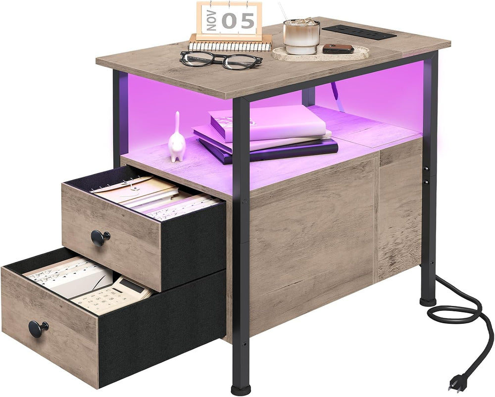 HOOBRO End Table with Charging Station & Led Light, Flip-Top Narrow Side ...