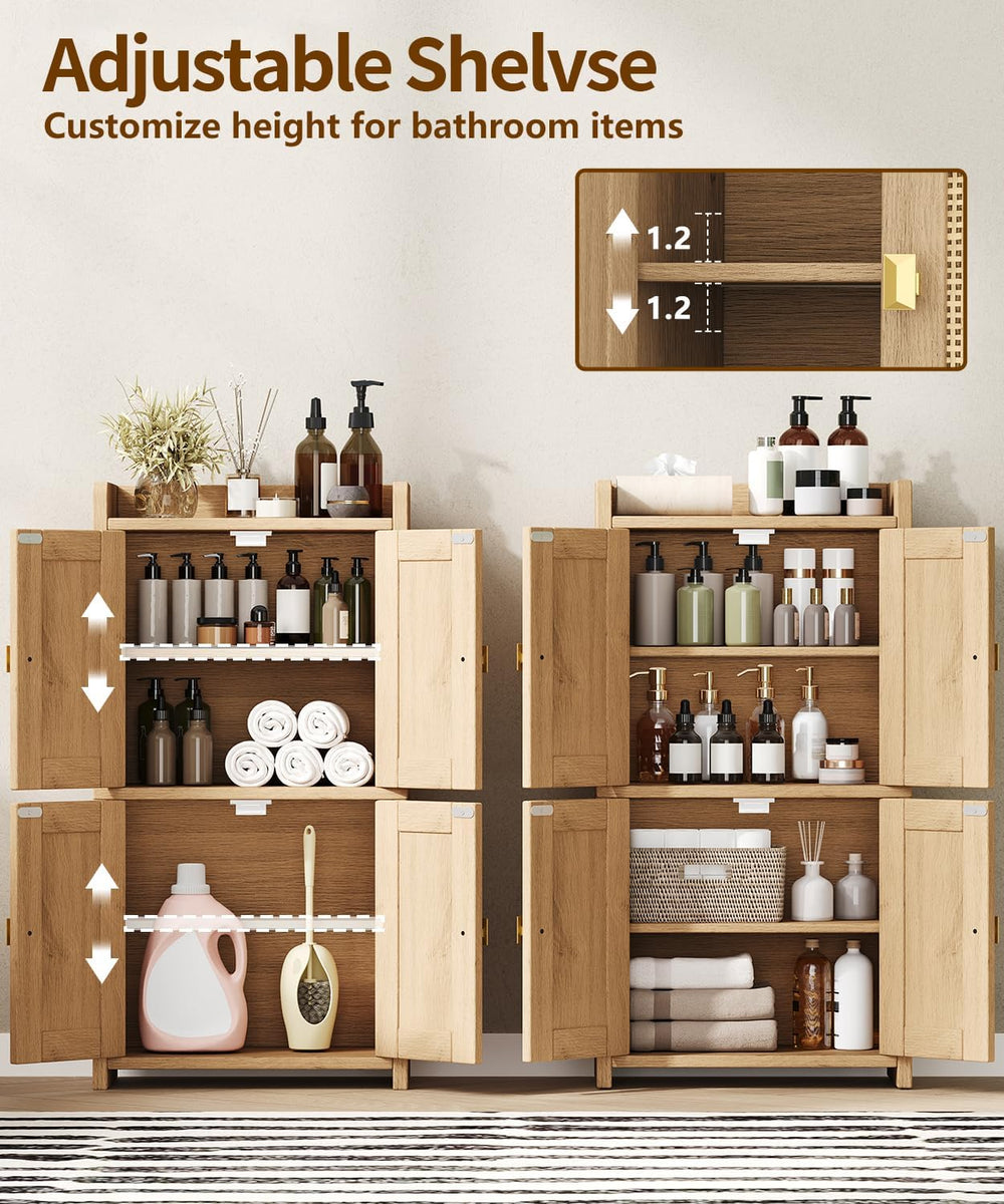 15" Rattan Small Bathroom Cabinet 4 Doors Adjustable Shelf Oak