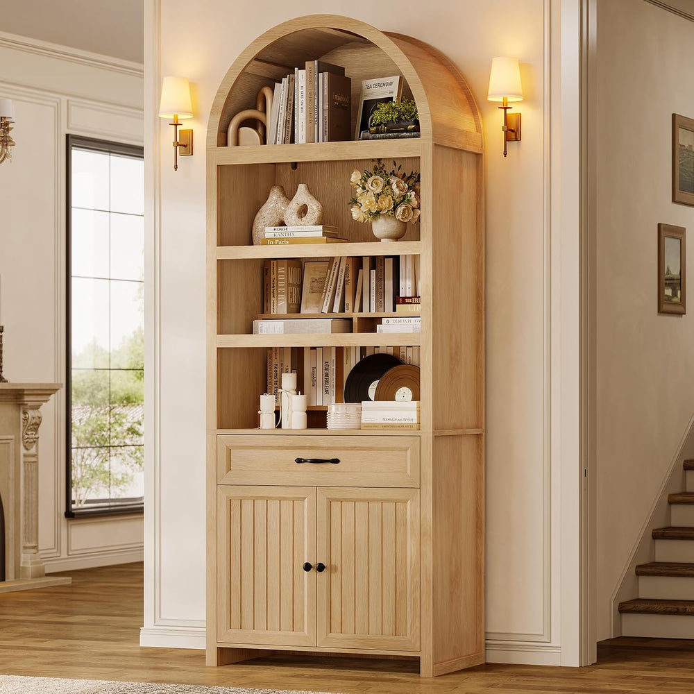 84.2" Tall Arched Cabinets,Bookcase with Drawer storage,Mid-Century Mode...