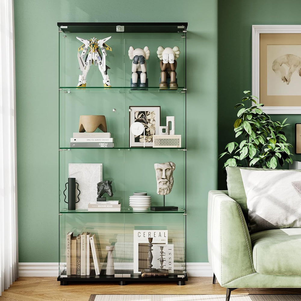 Glass Display Cabinet with 4-Shelf Double Door and Lock, 5mm Tempered Glass