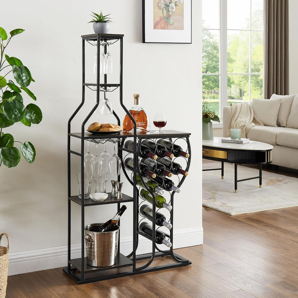 5-Tier Wine Rack Freestanding Floor, 11 Bottles Modern Wooden Wine Holder-Sto...