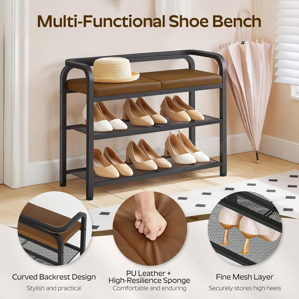 YATINEY Shoe Bench with Backrest, Entryway Bench, 2-Tier Shoe Rack with PU Pa...