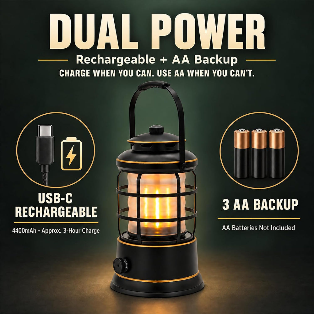 Rechargeable Camping Lantern, Vintage LED, Battery Powered, Black