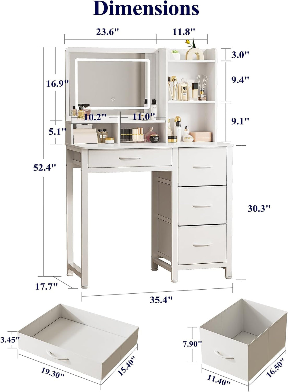Kitsure Vanity Desk with Mirror and Lights, Large Capacity, Fabric Drawers | ...