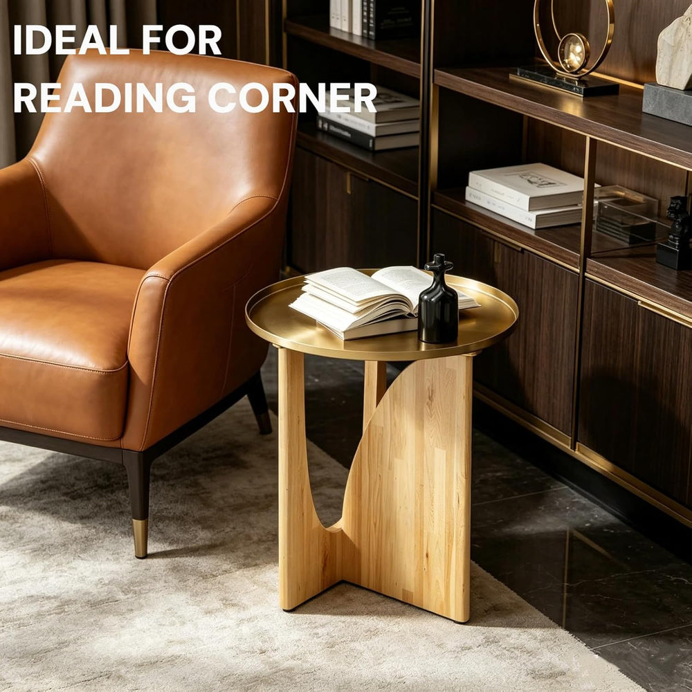 Gold End Tables Set of 3, Round Side Tables, Sofa Table with Wood Legs and Ra...