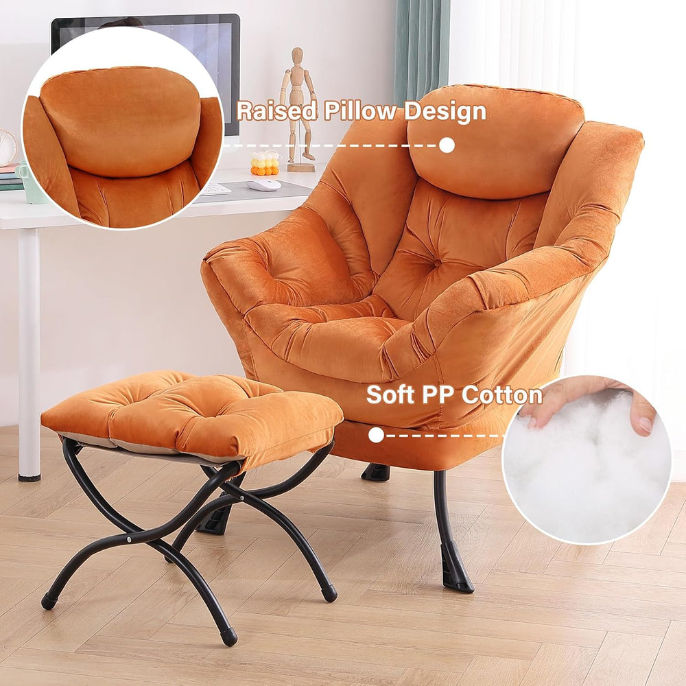 Tiita Lazy Chair with Ottoman, Comfy Reading Accent Chair, Velvet Orange