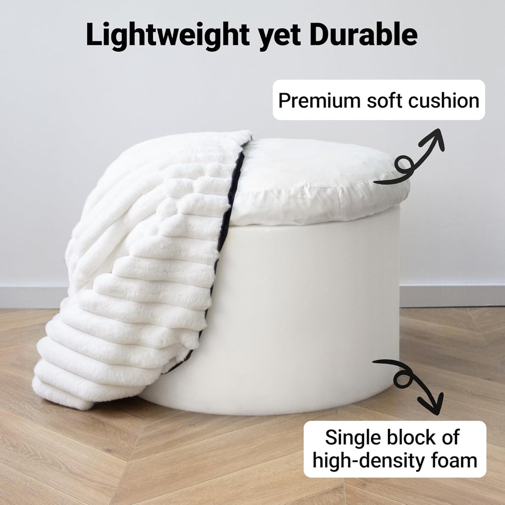 Round Stuffed Pouf Ottoman, Stripe Faux Fur Footrest, Solid Block Support+Sof...
