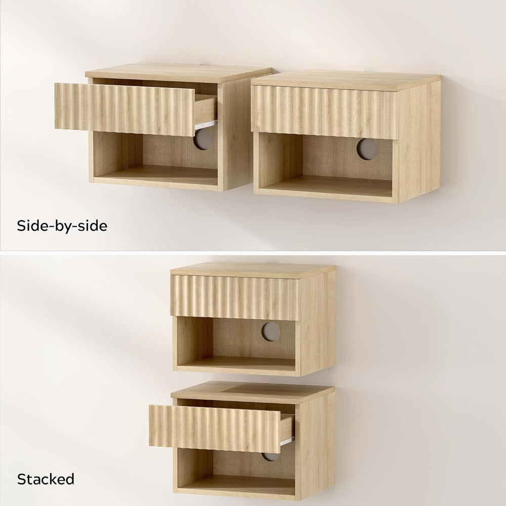 Small Floating Nightstand with Drawer, Modern Night Stand with Fluted Door an...