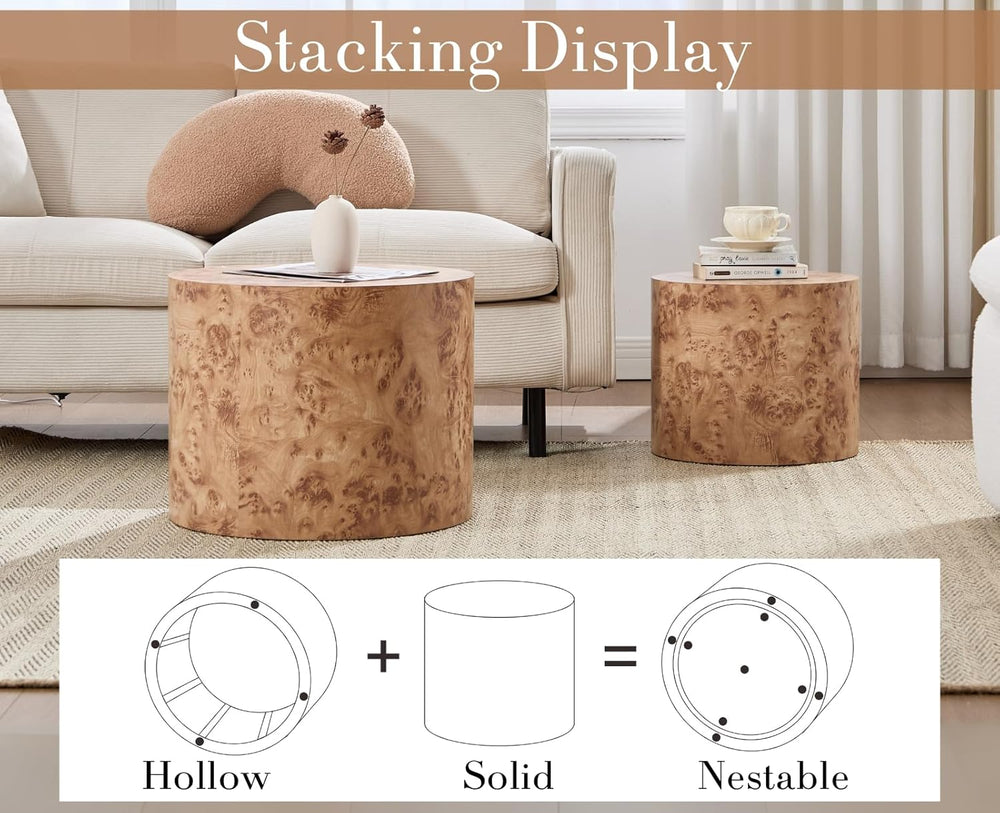 CIMOTA Round Wood Nesting Coffee Table Set of 2, Modern Circle Travertine End...
