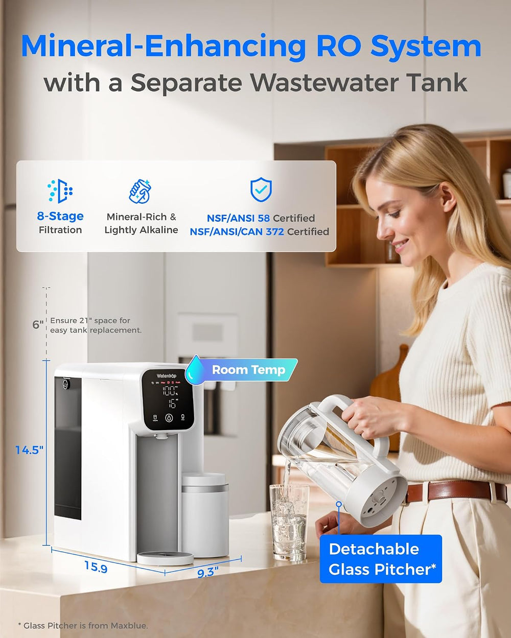 Waterdrop M6SL Mineral Reverse Osmosis Water Filter Countertop, Room-Temp