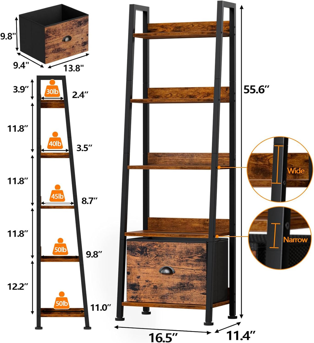 Furologee 5-Tier Ladder Shelf, Ladder Bookshelf with Removable Drawer, Rustic...