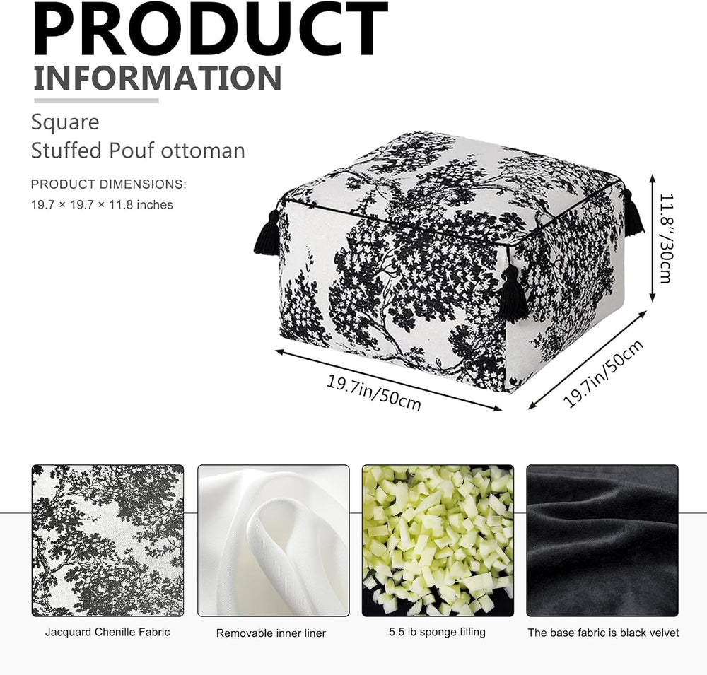 Chenille Square Pouf Ottoman - Foot Stool for Living Room & Bedroom | Sof...