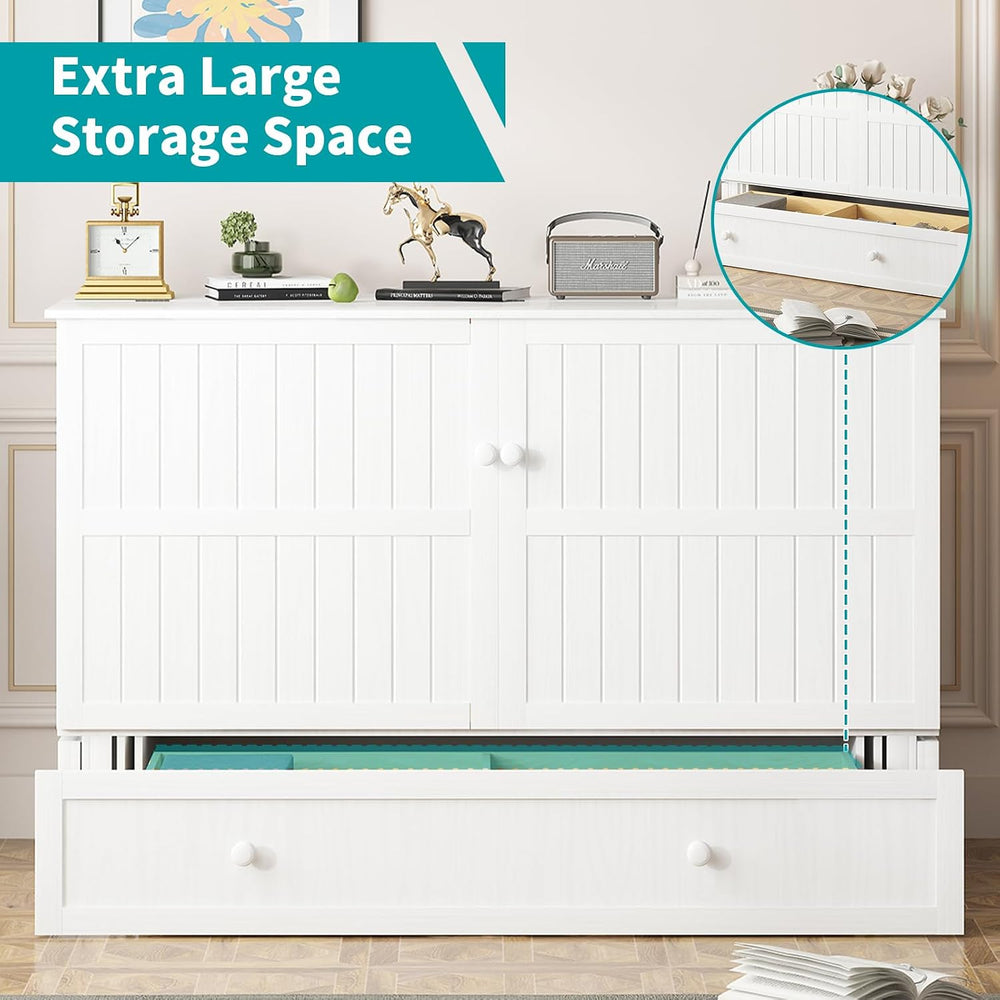 BALUS Queen Murphy Bed, Cabinet Murphy Bed with Large Storage Drawer-White | ...