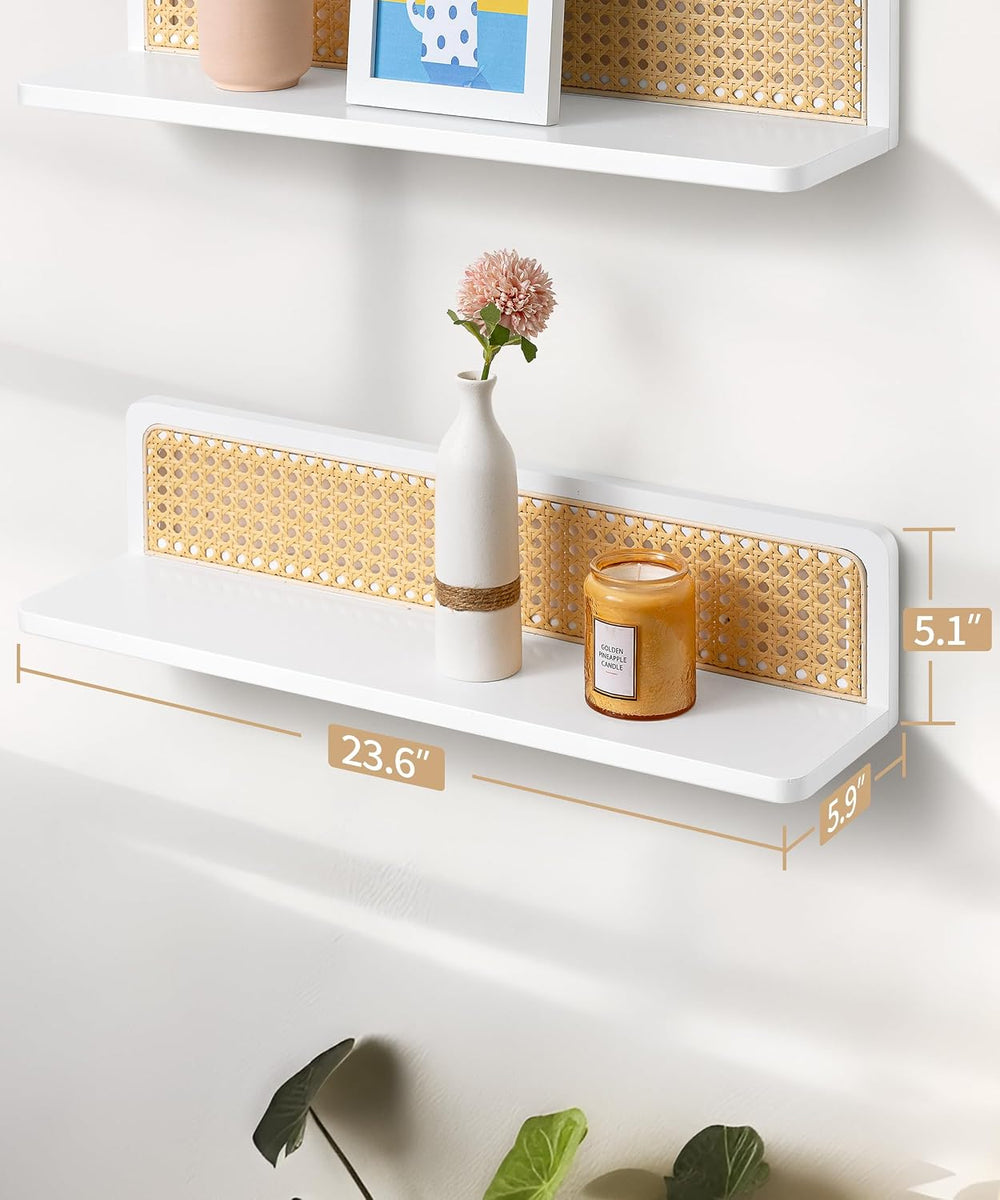 24 Inch White Rattan Wall Shelf, Boho Floating Shelves