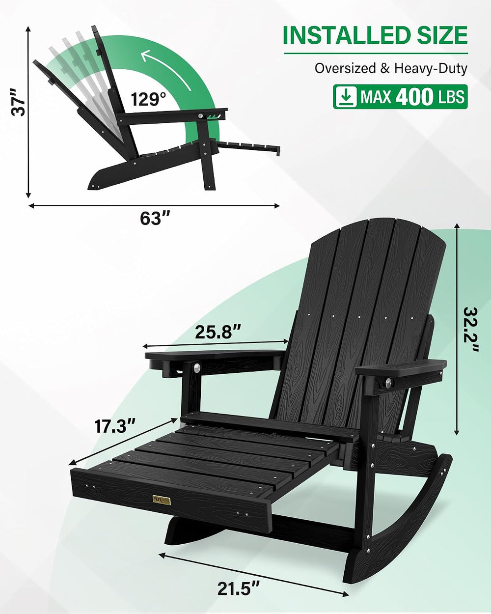 YEFU Adirondack Rocking Chairs Set of 2, with Footrest, 5-Level Adjustable