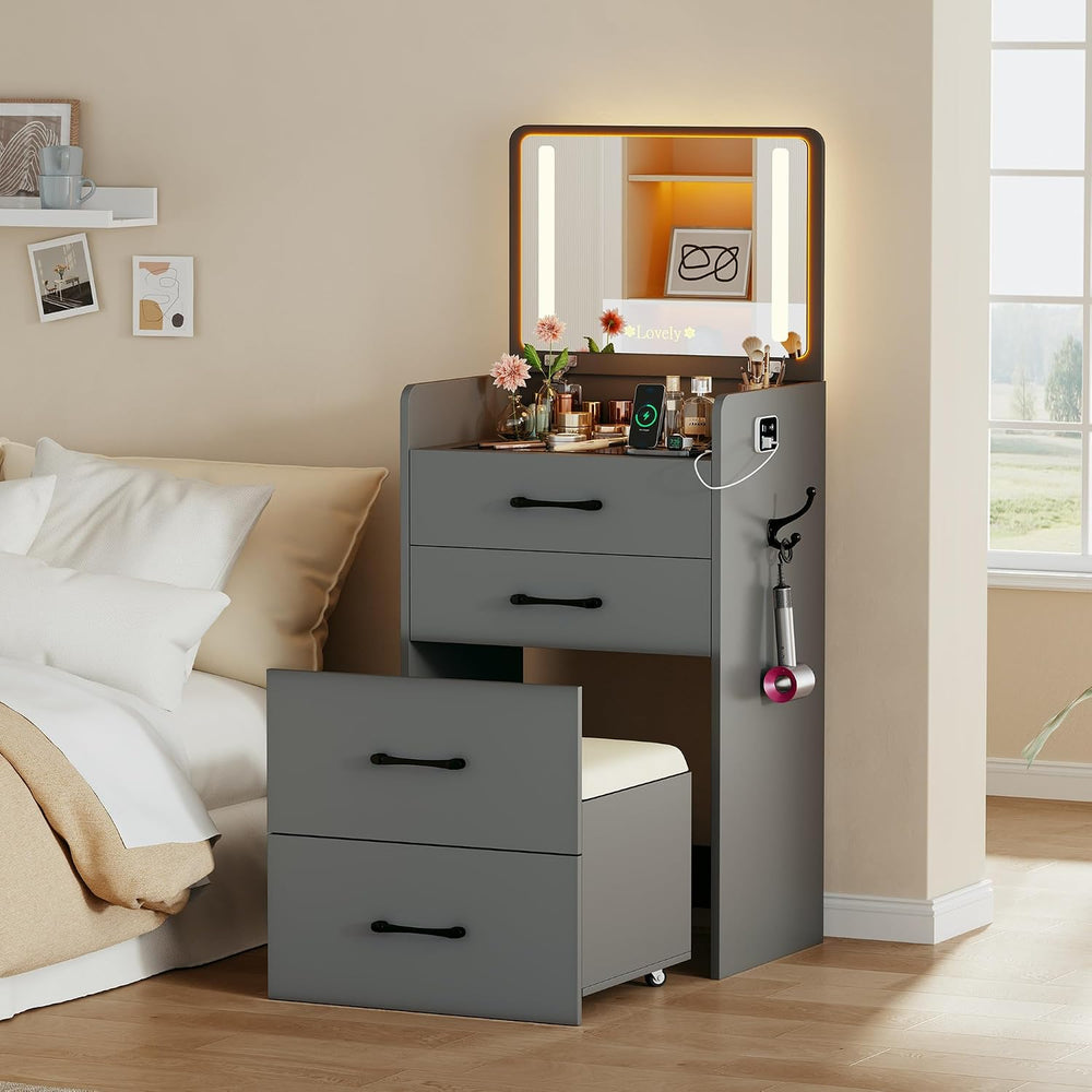 Lvifur 3 in 1 Vanity with Mirror and Sensor Lights,Charging Station,Grey | Gl...