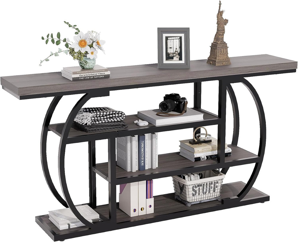 63” Industrial Console Table with 4-Tier Display Shelves, Narrow Long Sofa Ta...