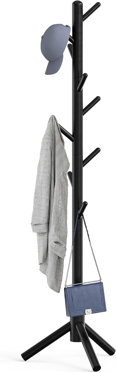 Simple Houseware Wooden Coat Rack Stand, Hall Tree with 9 Hooks, Black