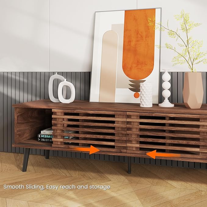 HAIOOU Mid Century Modern TV Stand, 52" Wooden TV Console with Slatted S...