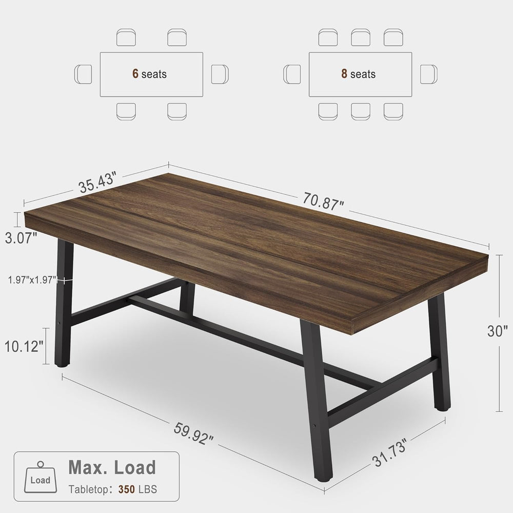 IDEALHOUSE Industrial Dining Table for 6-8 People, 70.87" Large Wooden K...