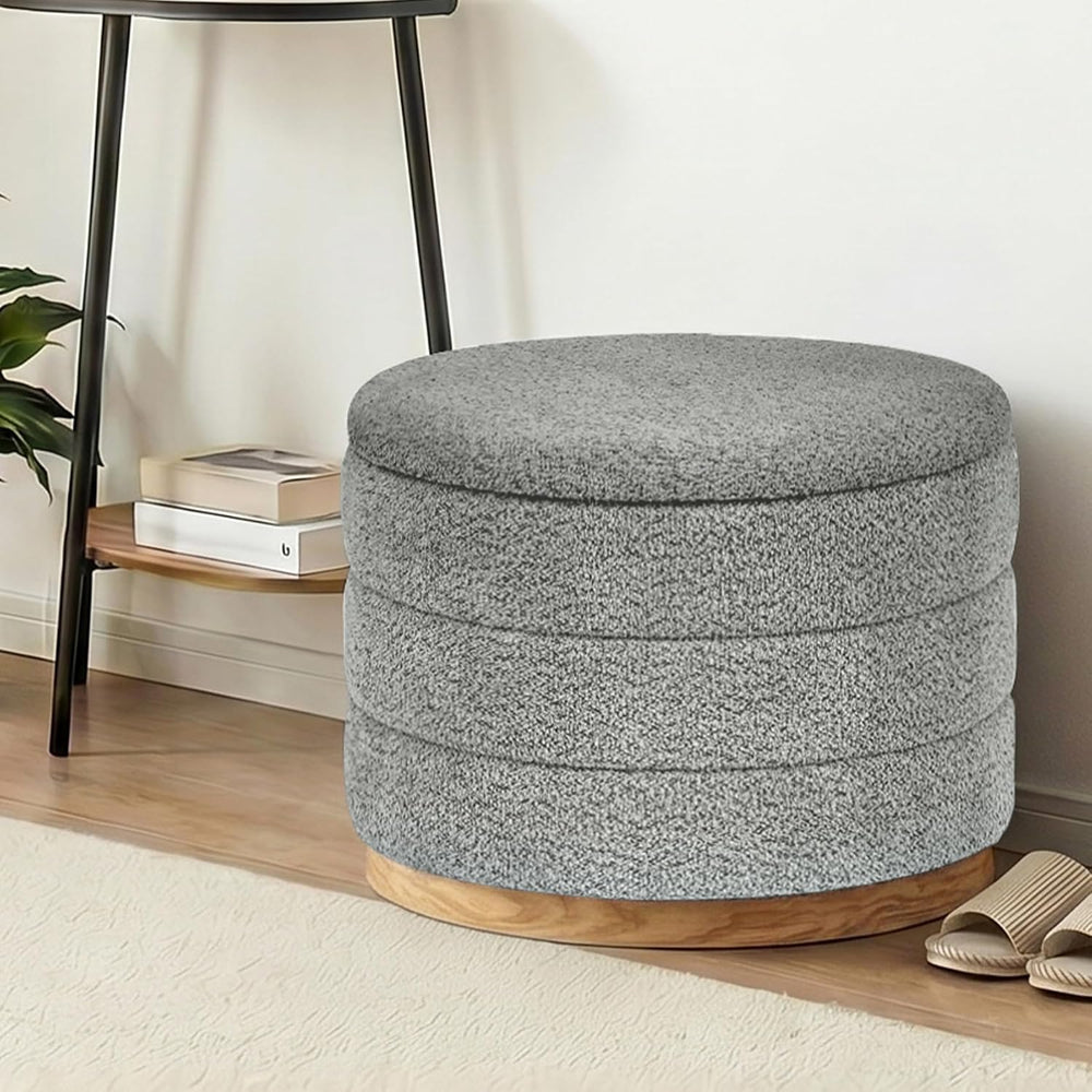 Round Storage Ottoman with Tray Lid, Folding Chenille Fabric Footrest with Hi...
