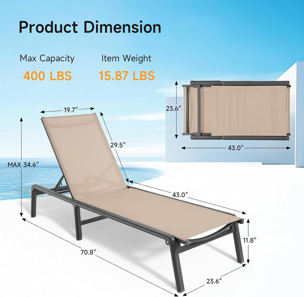 Aluminum Chaise Lounge Chair Outdoor for Outside Poolside, 1PC, Khaki