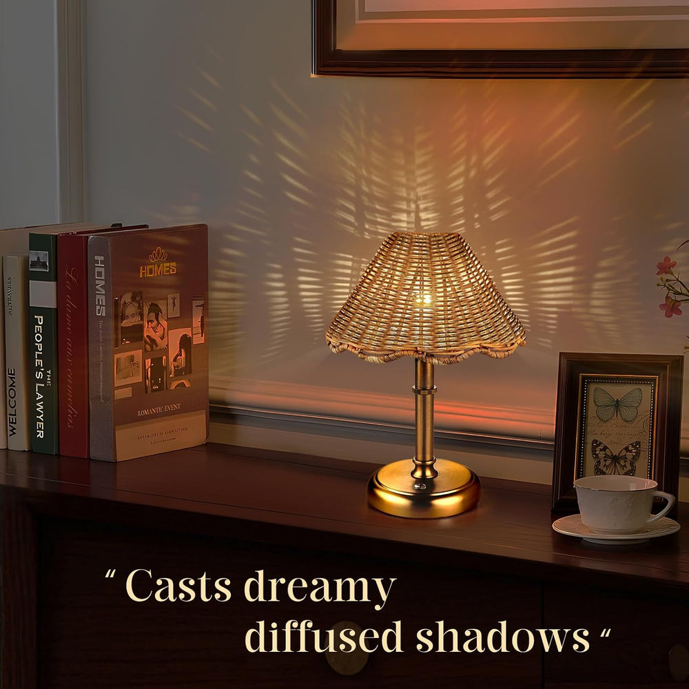 Mini Cordless Boho Rattan Table lamp, 5200-mAh Rechargeable Battery, 3-Level ...