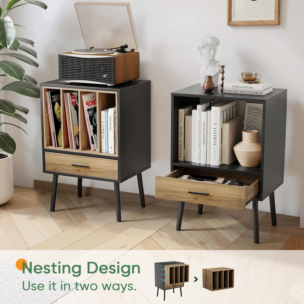 Kiasthome Black Record Player Stand with Storage Crate & Drawer, Vinyl Re...