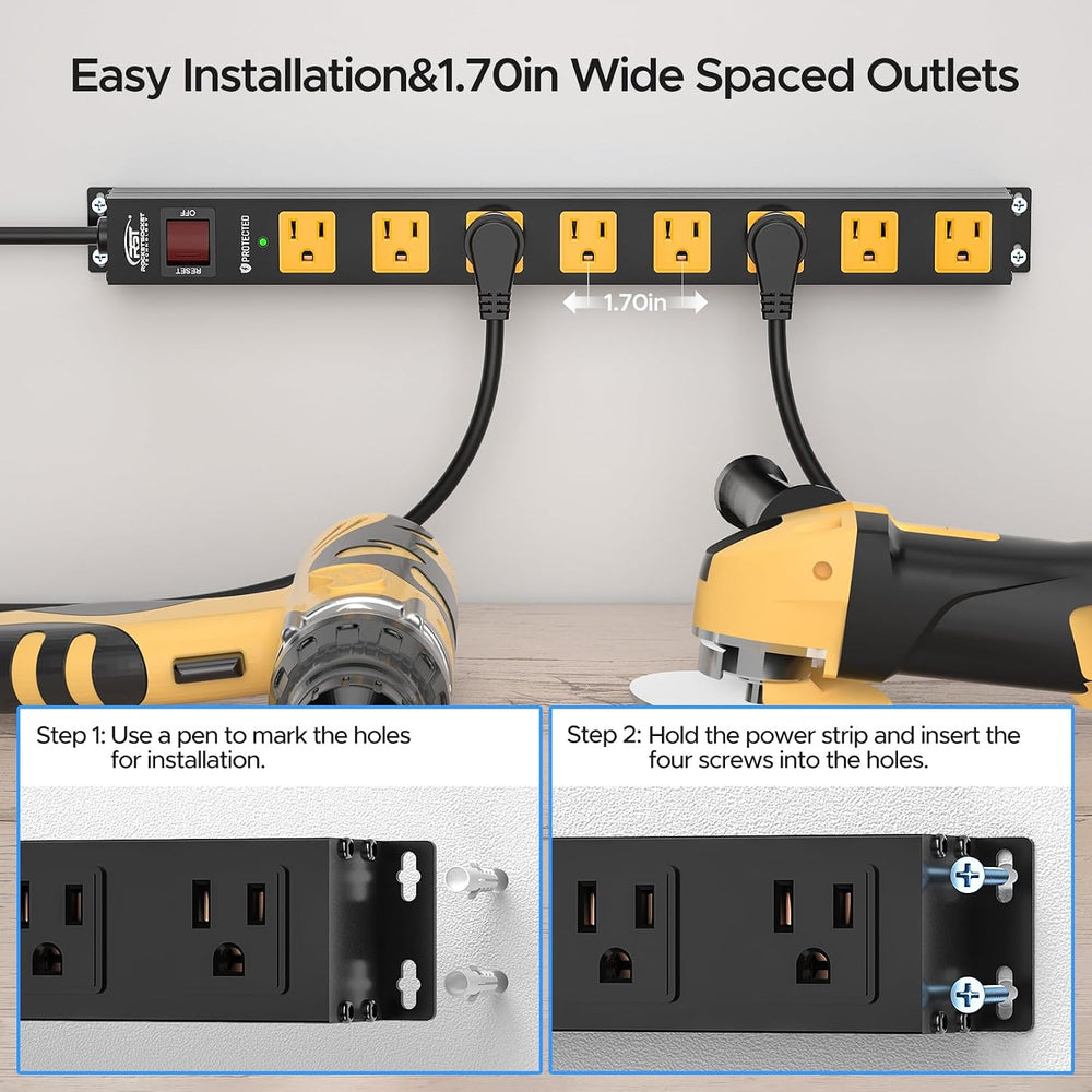 2 Pack 8 Outlet Heavy Duty Power Strip with Switch,15A/1875W, 6FT