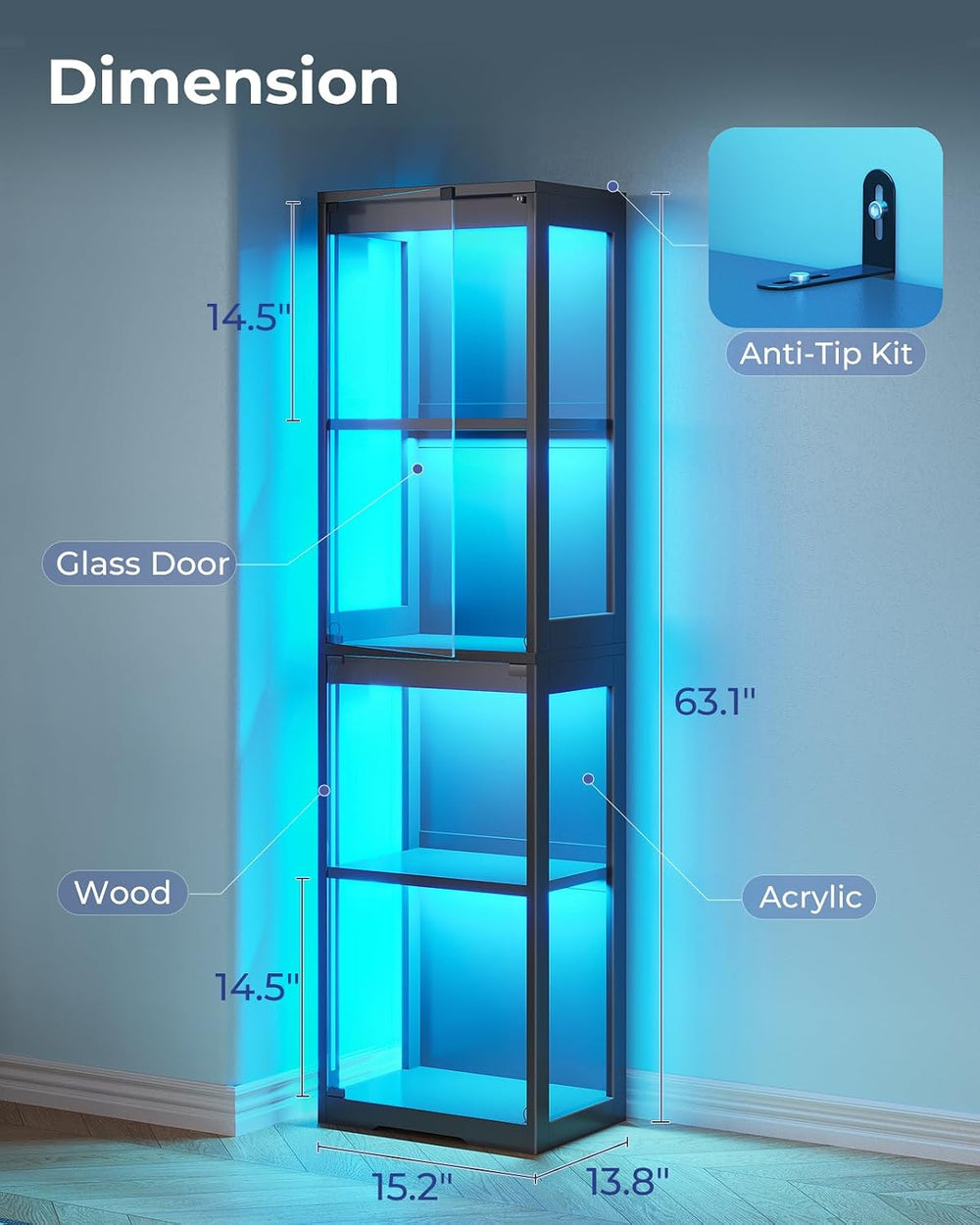 AODK Display Cabinet with Glass Doors, Glass Display Case with RGB LED Light,...