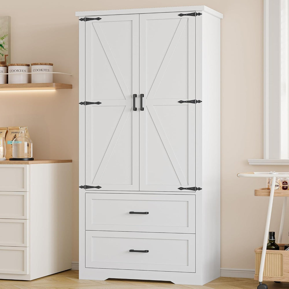 BORNOON Pantry Organizers and Storage Cabinet, 71” Barn Door White Kitchen Ca...
