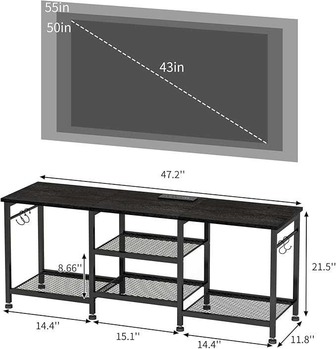 YGEOMER Black TV Stand Entertainment Center for 55 Inch TVs, with Charging St...