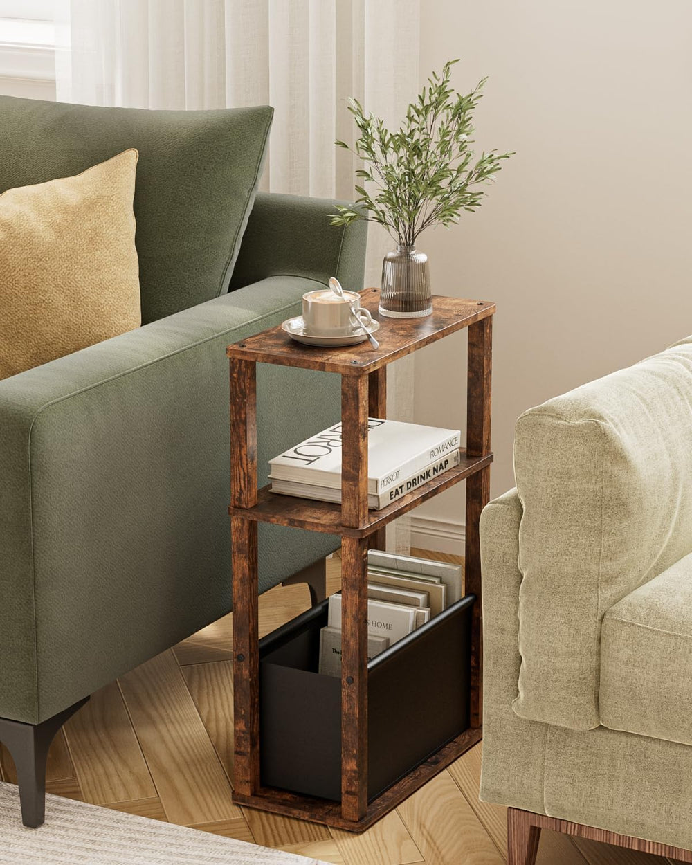 Narrow Side Table, 3-Tier Night Stand with Storage Bag, Skinny Nightstand for...