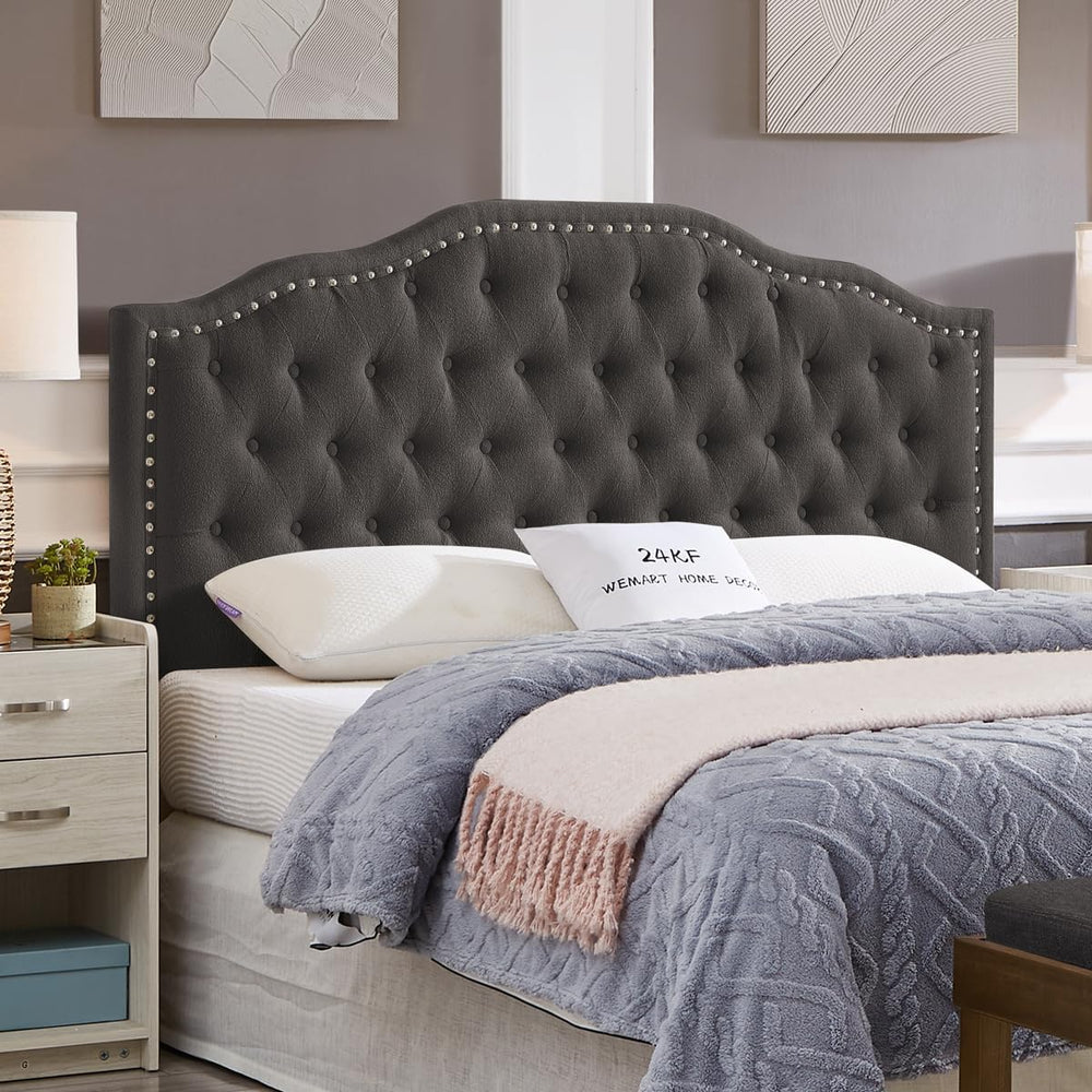 24KF Upholstered Button Tufted Queen Headboard with Nailhead Trim, Elegant Bo...